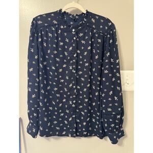 Ann Taylor Women's Navy Long Sleeve Ruffle Neck Button Up Blouse XXL Embroidery